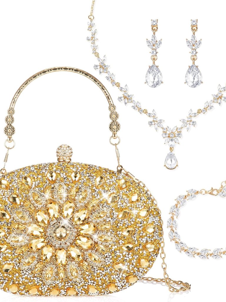 Gold Elegance 4-Piece Rhinestone Jewelry & Clutch Set For Weddings And Celebrati